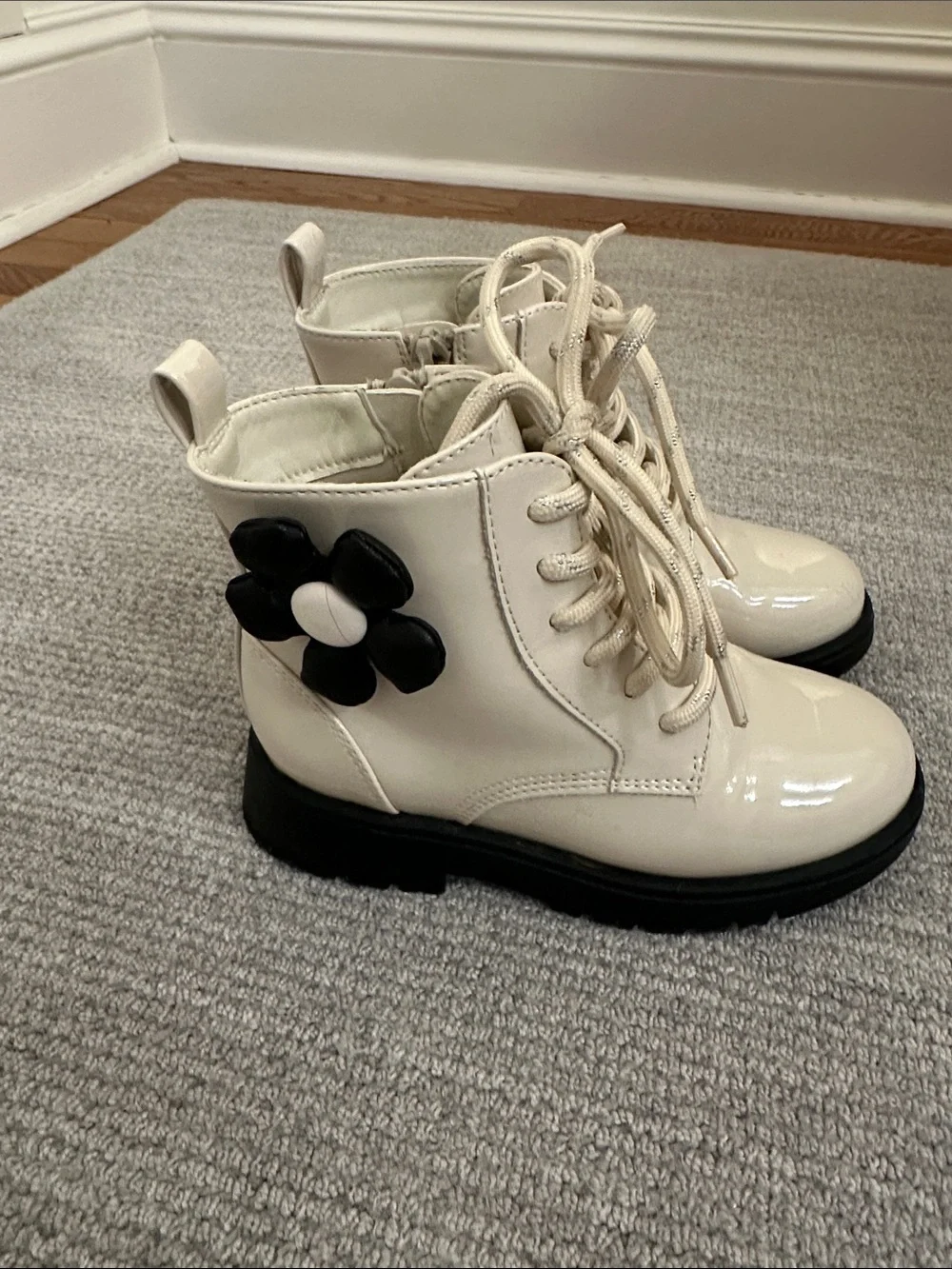 Kids Cream Lace-Up Combat Boots with Black Flower Accent